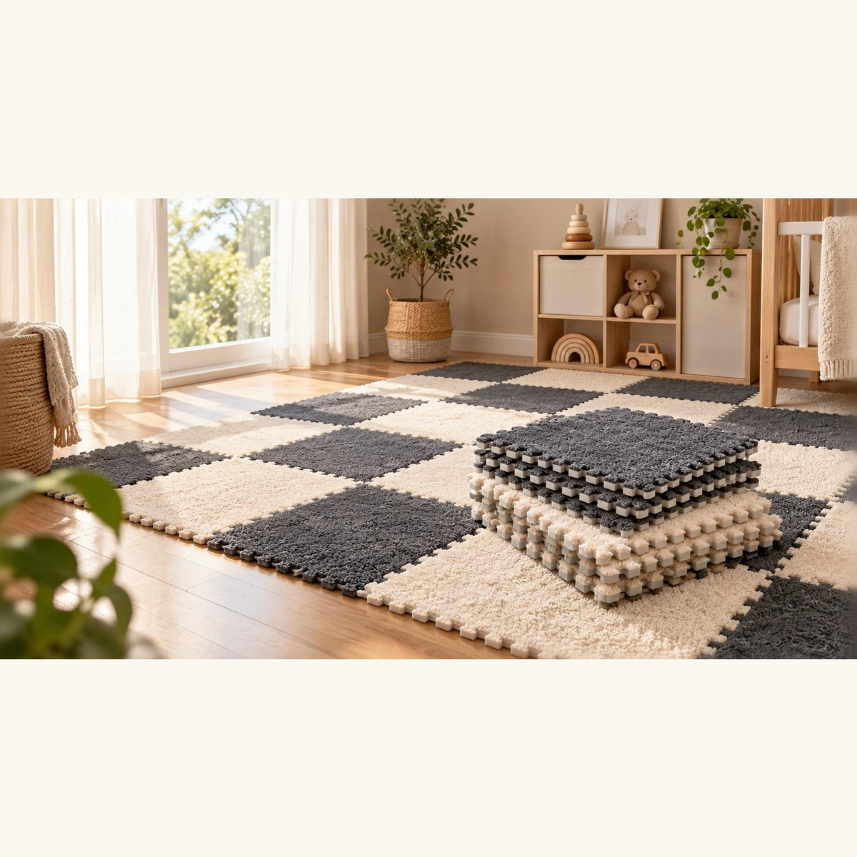 Dalles puzzle en mousse à poils doux gris anthracite et crème assemblées en damier, avec une pile de dalles