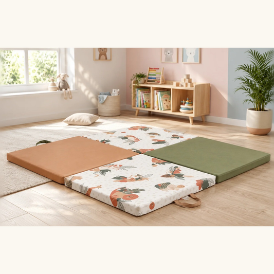 Tapis d'éveil pliable 4 panneaux terracotta, vert olive et imprimé nature, déplié dans une chambre d'enfant