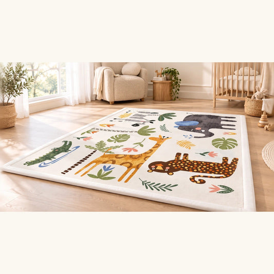 Tapis en velours corail motif safari avec girafe, éléphant, zèbre, crocodile et léopard