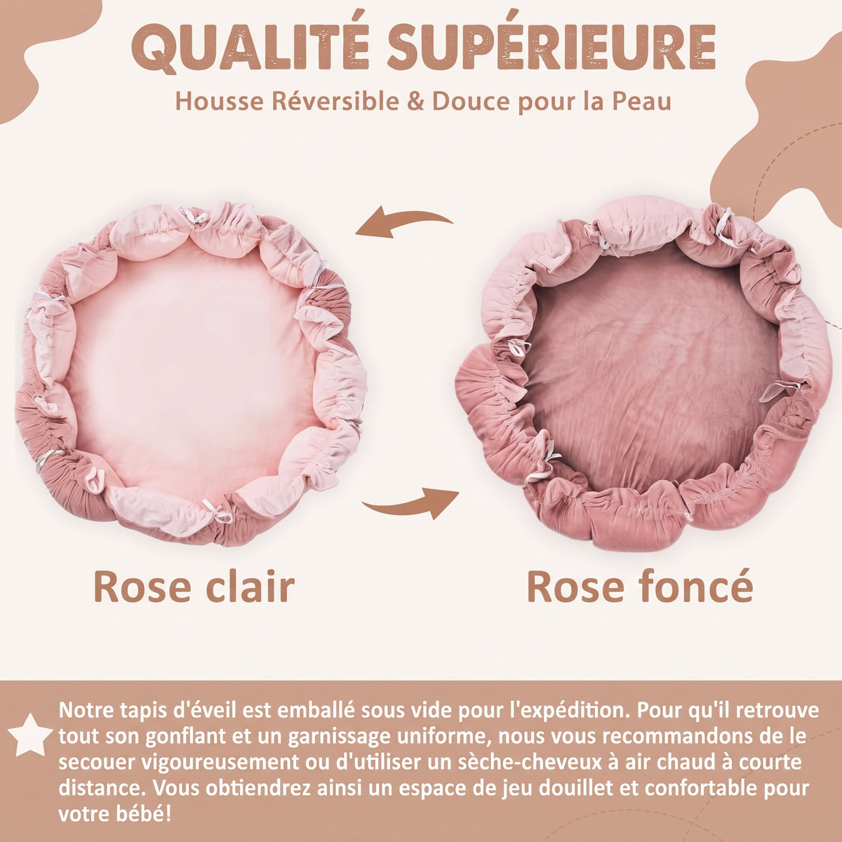Nid d'éveil Nuage coloris Rose Poudré : housse réversible rose clair d'un côté, rose foncé de l'autre