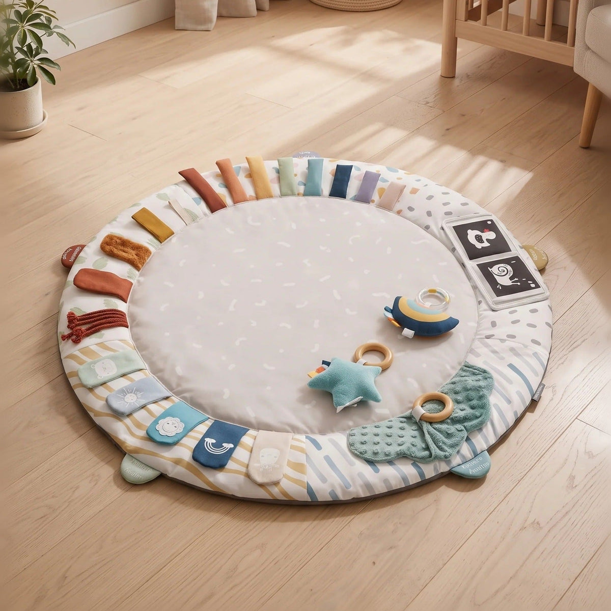 Tapis d'éveil sensoriel rond avec rubans de couleurs, imagier noir et blanc et jouets