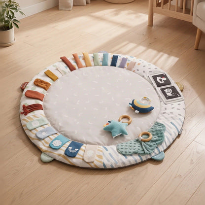 Tapis d'éveil sensoriel rond avec rubans de couleurs, imagier noir et blanc et jouets