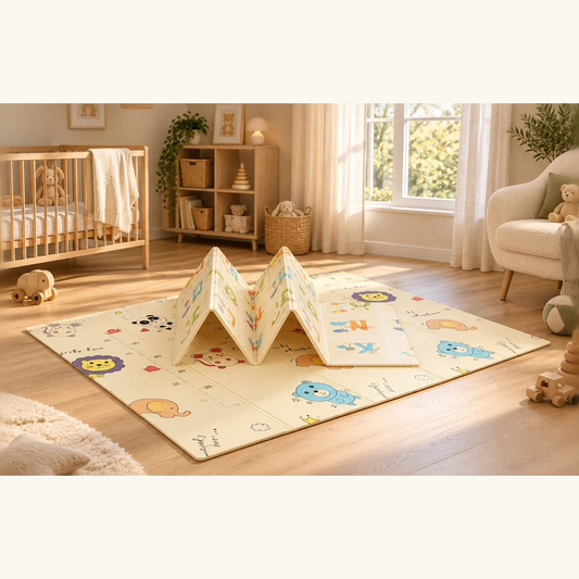 Tapis de jeu XPE pliable double face illustré d'animaux, partiellement replié en accordéon